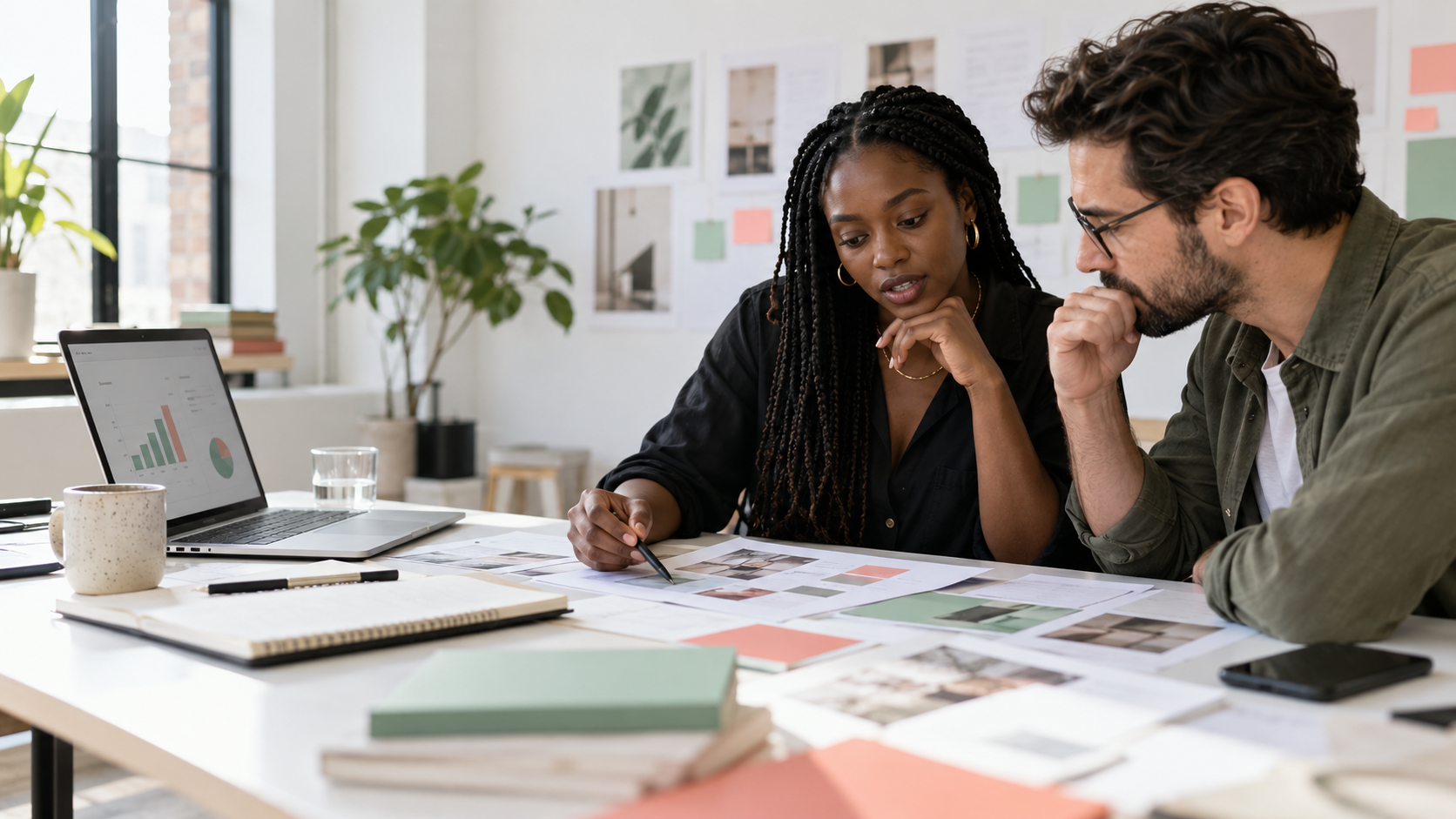 Two collaborators reviewing product concepts and campaign evidence at a worktable